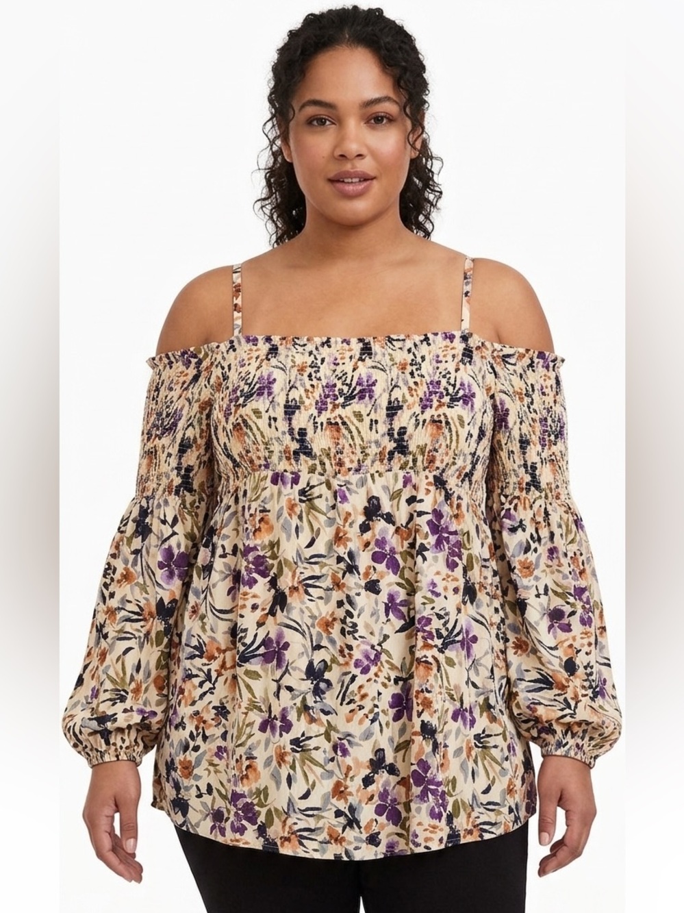 torrid Cream Floral Smocked blouse cold shoulder Flowers 4X NWT